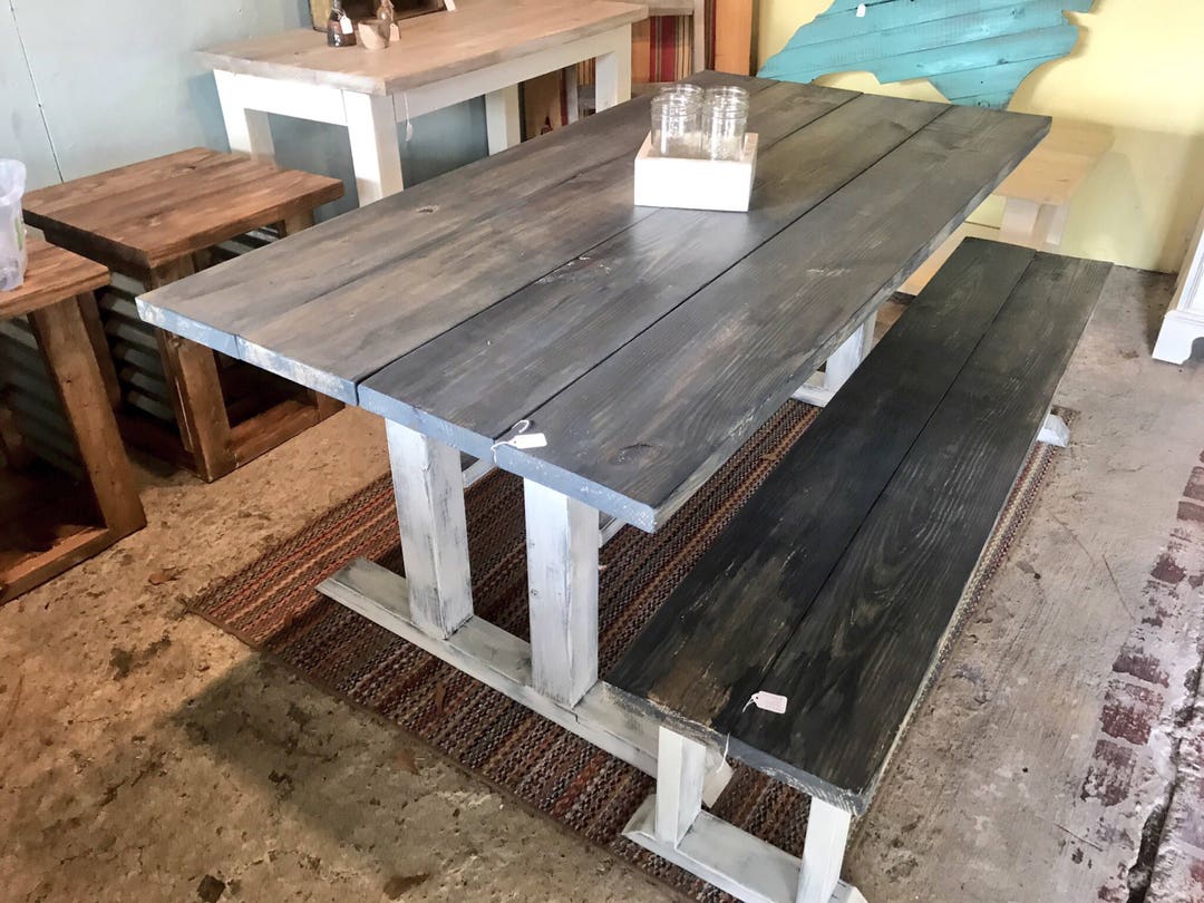 Rustic Pedestal Farmhouse Table With Long Bench Charcoal Gray Etsy