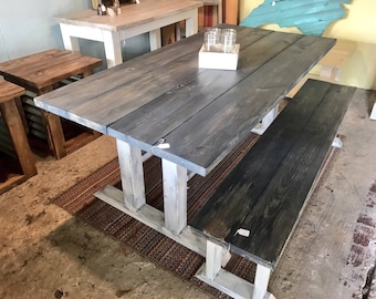 Rustic Pedestal Farmhouse Table With Long Bench Charcoal  Gray with White Distressed Base Dining Set