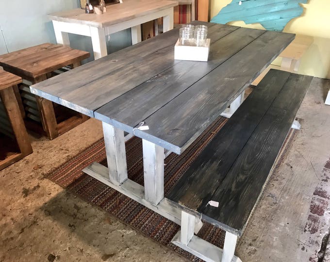 Rustic Pedestal Farmhouse Table With Long Bench Charcoal  Gray with White Distressed Base Dining Set