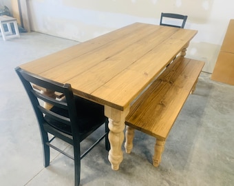 Rustic Farmhouse Table with Chunky Turned Legs, Benches and Black Chairs, Early American Finish, Dining Set with Wooden Ladder Back Chairs