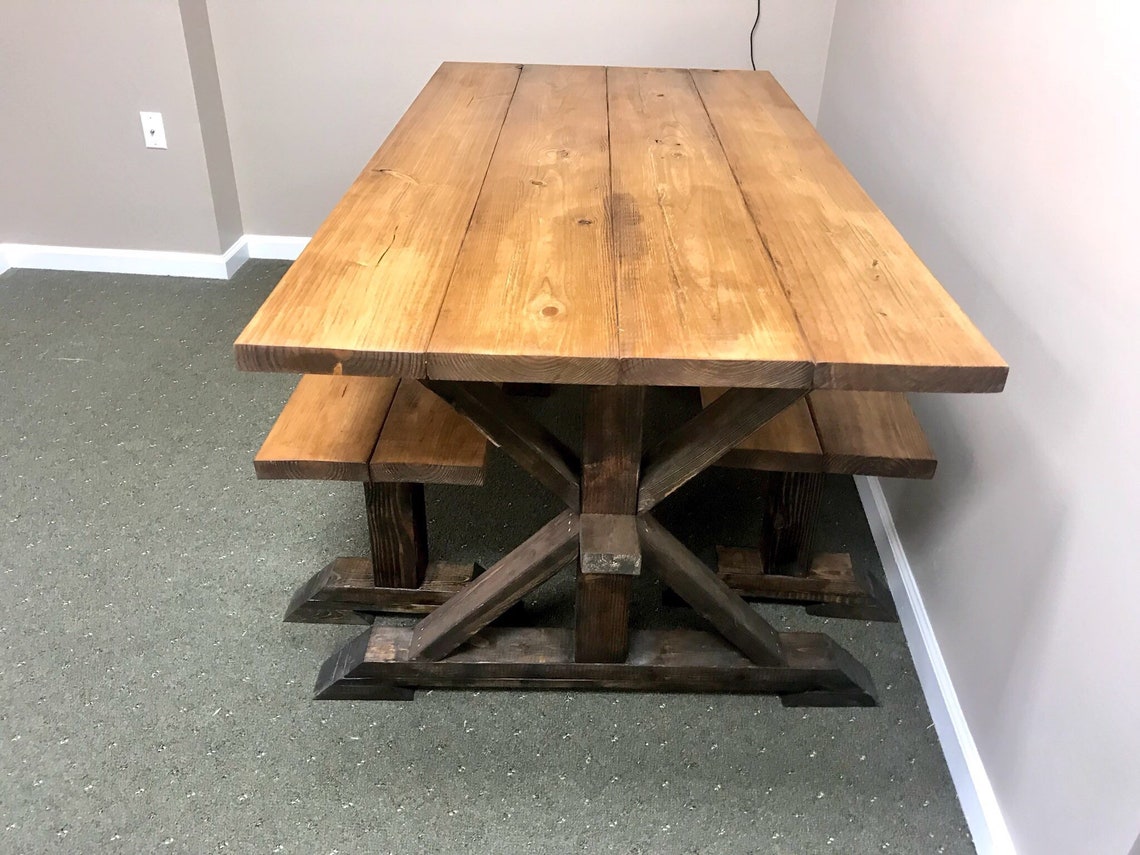 Rustic Pedestal Farmhouse Table With Benches Early American Etsy