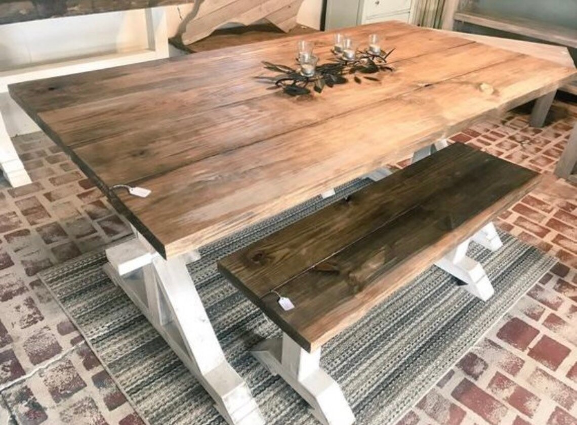 Rustic Pedestal Farmhouse Table With Benches Provincial Brown Etsy