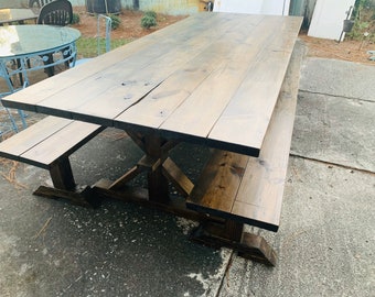 8ft Rustic Farmhouse Table with Long Benches, Banquet Table, Large Farmhouse Table with a Dark Walnut Finish