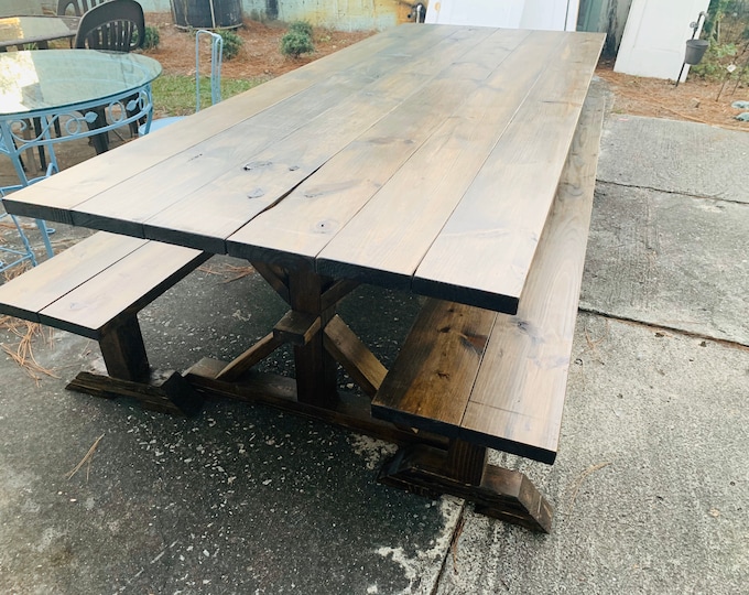 8ft Rustic Farmhouse Table with Long Benches, Banquet Table, Large Farmhouse Table with a Dark Walnut Finish