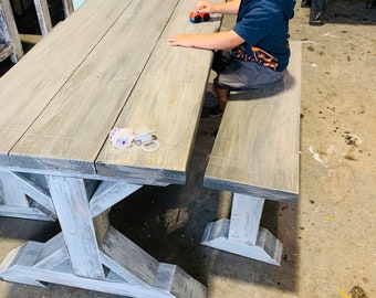 Kids Rustic Pedestal Style Farmhouse Table Set with Benches, Children's Table, Dining Set, White Wash Top with White Distressed Base