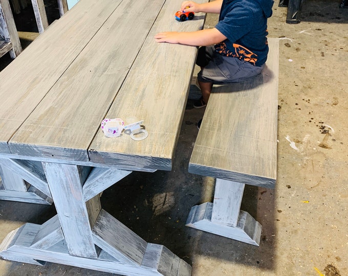 Kids Rustic Pedestal Style Farmhouse Table Set with Benches, Children's Table, Dining Set, White Wash Top with White Distressed Base