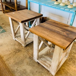 Rustic Handmade End Tables Set with Shelve, Distressed White Base with Provincial Brown Top of Farmhouse Side Tables, X Criss Cross Style image 1