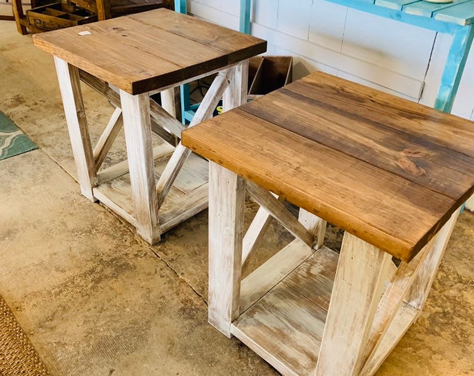 Rustic Handmade End Tables Set with Shelve, Distressed White Base with Provincial Brown Top of Farmhouse Side Tables, X Criss Cross Style