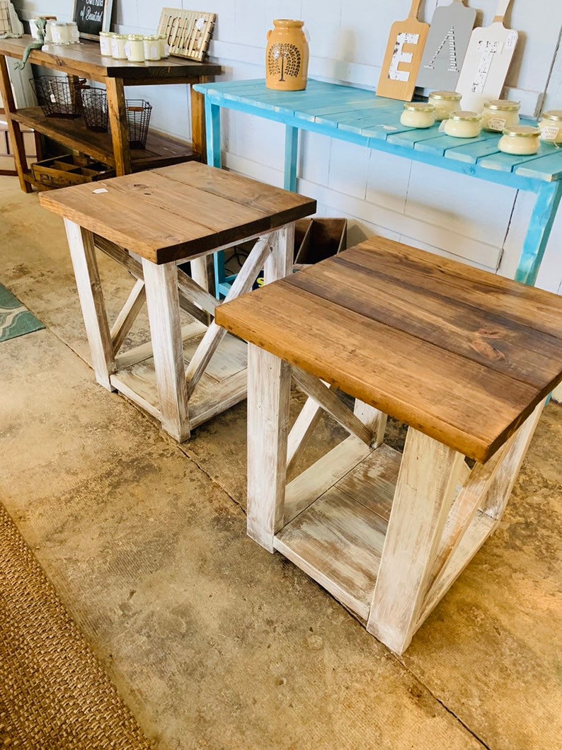 Rustic Handmade End Tables Set with Shelve, Distressed White Base with Provincial Brown Top of Farmhouse Side Tables, X Criss Cross Style image 1