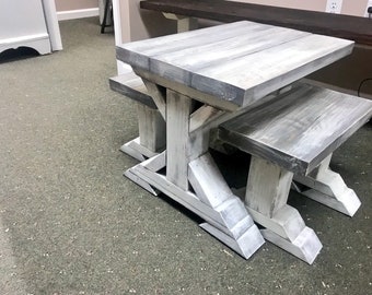 Kids Rustic Pedestal Style Farmhouse Table Set with Benches, Children's Table, Dining Set, White Wash Top with White Distressed Base