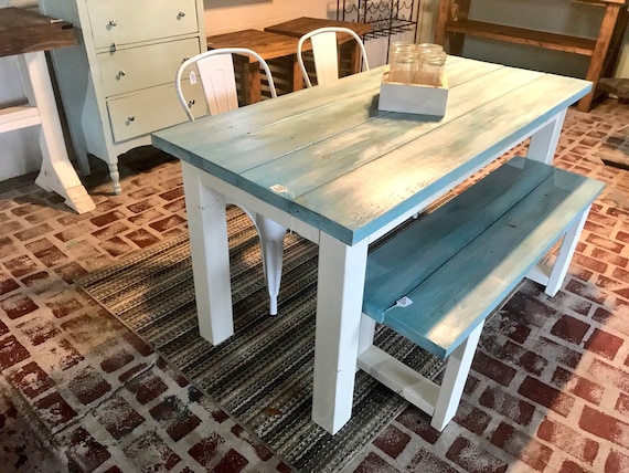 Vintage Aqua Small  Farmhouse  Table  Set with Bench  and 