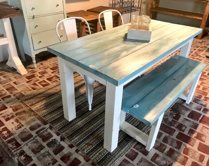 Vintage Aqua Farmhouse Table Set - Great for Small Dining Area 5ft - White with a White washed Aqua Top - Seating: Chairs and Bench