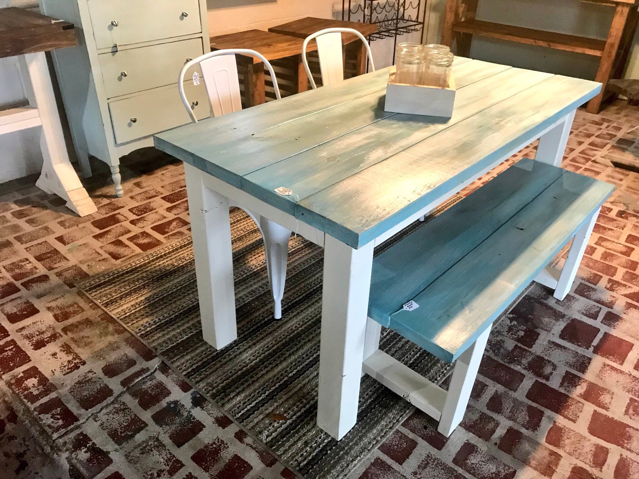 Vintage Aqua Small Farmhouse Table Set, With Bench And Metal Chairs