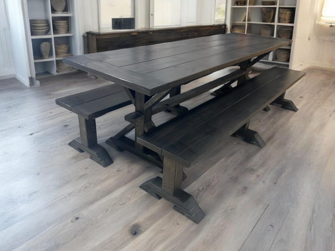Black Farmhouse Dining Table With Benches: 8 Foot Modern Kitchen Table ...