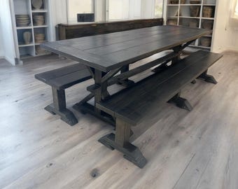 Black Farmhouse Dining Table with Benches: 8 Foot Modern Kitchen Table Set