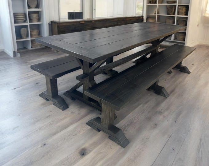 Narrow Black Farmhouse Table, With Benches, True Black,  8 Foot Modern Farmhouse Dining Table or Kitchen Table Set