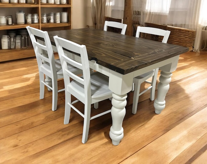 Rustic 5ft Farmhouse Table - With Chairs - Chunky Turned Legs - Dark Walnut Brown and Antique White