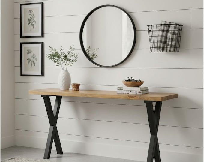 Industrial Farmhouse Console Table Entryway Sofa Narrow Wood Steel Metal Legs Modern Rustic Handmade