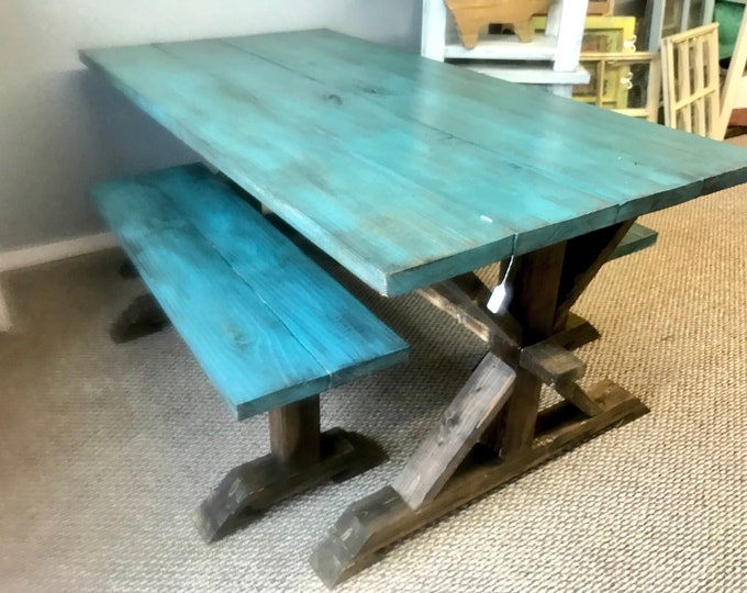 Rustic Pedestal Farmhouse Table With Benches Beatiful Teal Distressed Top With Walnut Base Dining Set Glossy Finish