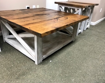 Rustic Living Room Set, Large Farmhouse Coffee Table With Set of Long End Tables, Provincial Brown Top, Creamy White Distressed