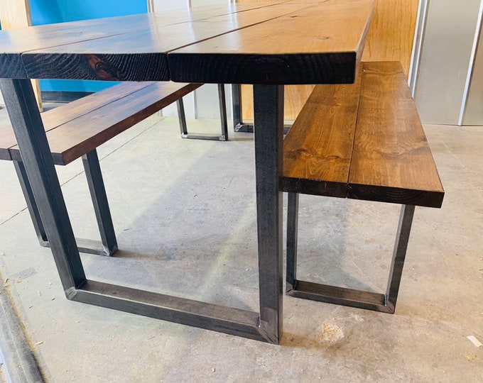 Modern Farmhouse Table with Benches, Steel Legs, Provincial Brown Wooden Top, 7ft Dining Set, Industrial Design