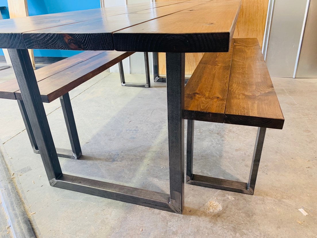 Modern Farmhouse Table with Benches, Steel Legs, Provincial Brown