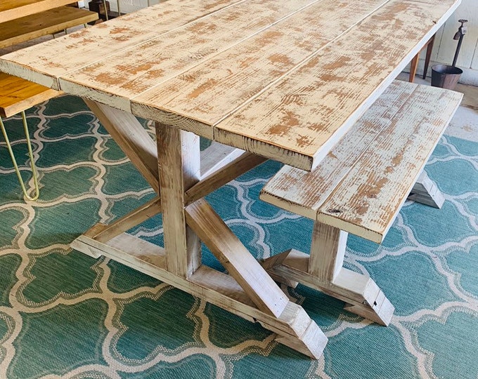 Farmhouse Table Dining Set With Weathered White Top, and Distressed White Base, Includes Two Benches Wooden Table