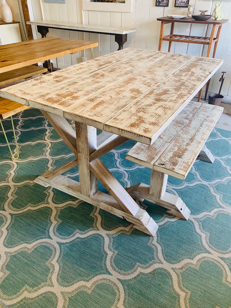 Weathered White Pedestal Farmhouse Table and Bench Distressed Etsy