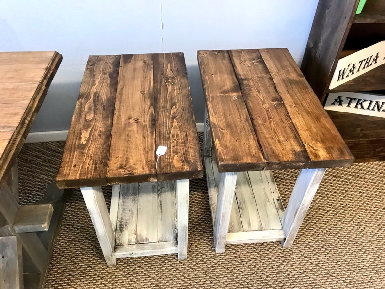 Rectangle End Tables Set With Shelve Distressed White Base Etsy