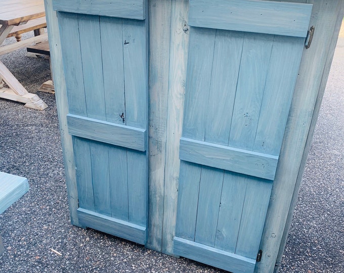 Rustic Tall Farmhouse Hutch Buffet Wood with a Aqua And Gray White Wash, Wooden Cabinet with Doors, Server, Entertainment Stand with Storage