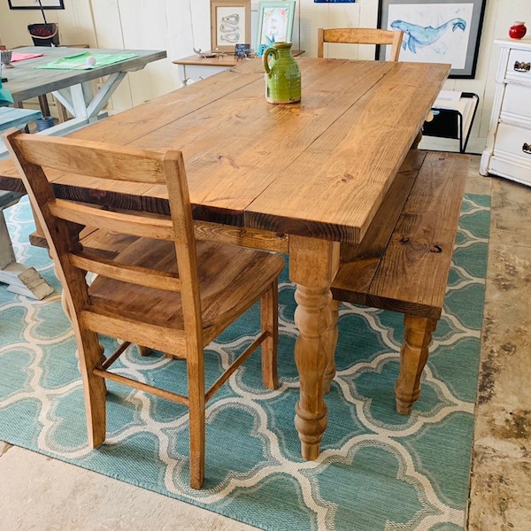 Rustic Farmhouse Table with Turned Legs, Benches and Chairs, Early American Brown Stain Finish, Dining Set with Wooden Ladder Back Chairs