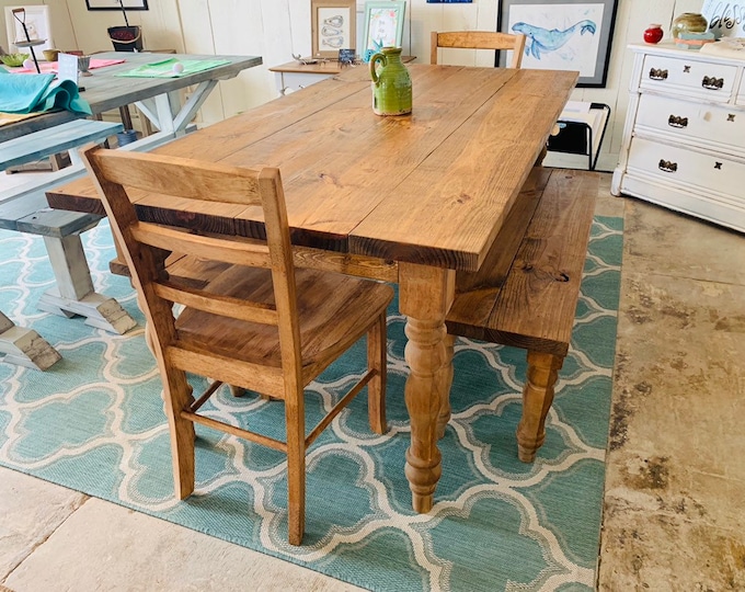 Rustic Farmhouse Table with Turned Legs, Benches and Chairs, Early American Brown Stain Finish, Dining Set with Wooden Ladder Back Chairs