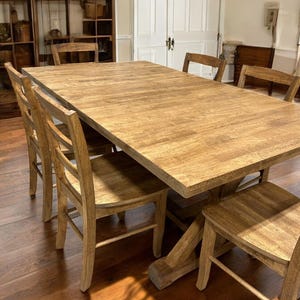Extendable Farmhouse Table, Two Leaf Dining Set with Chairs, Modern Trestle Style Base, Stained Provincial Brown, Hardwood
