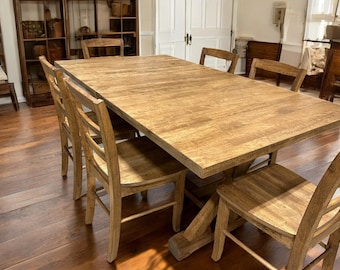 Extendable Farmhouse Table, Two Leaf Dining Set with Chairs, Modern Trestle Style Base, Stained Provincial Brown, Hardwood