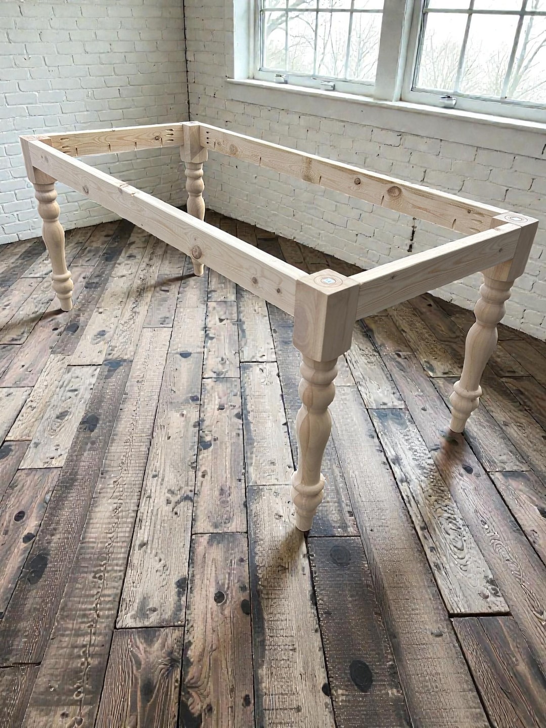 DIY Farmhouse Table Kit Turned Legs Unfinished Wood Base Fits 5ft 6ft ...