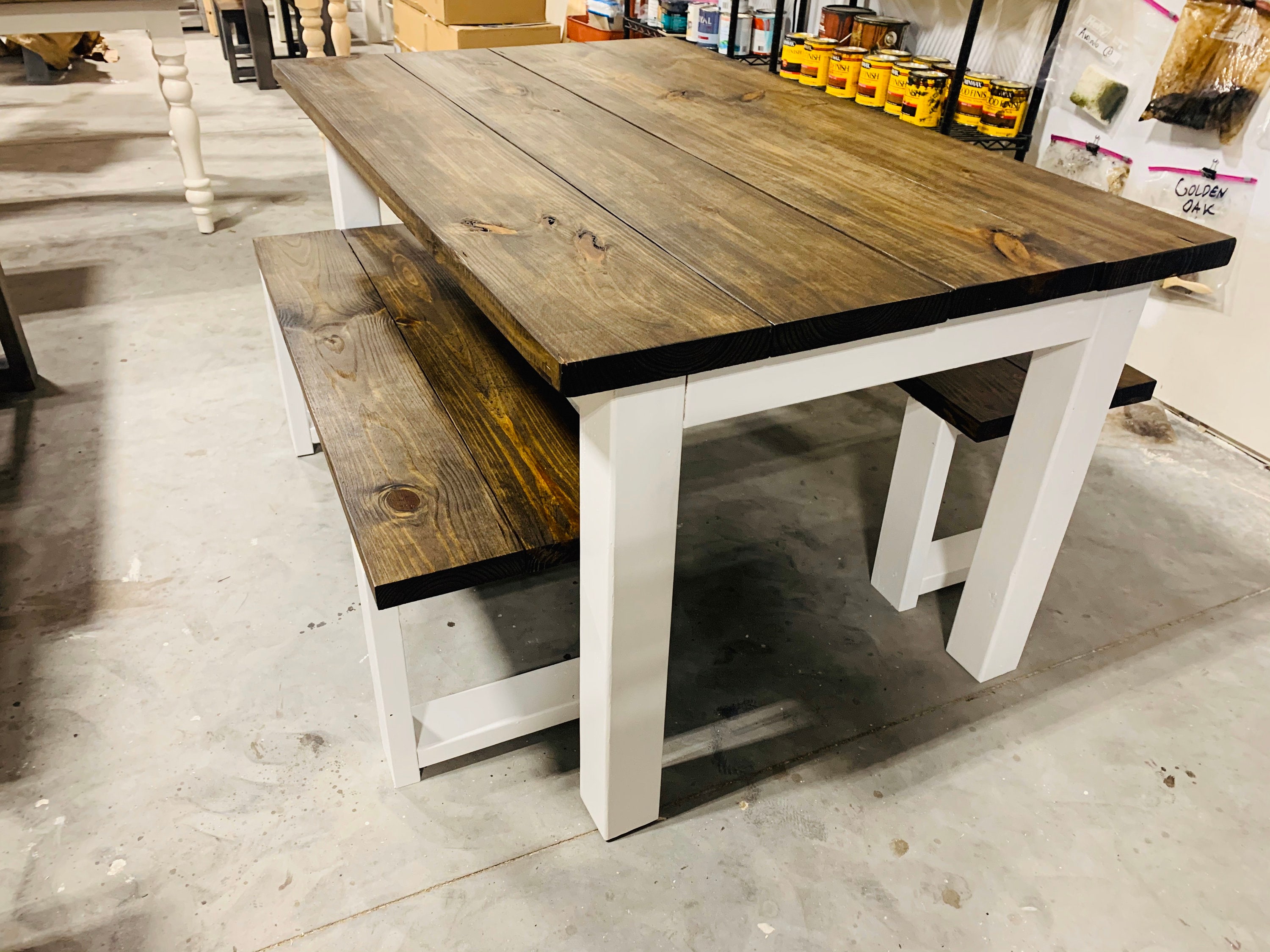 Farmhouse Table Set With Benches White Base and Dark Walnut Brown