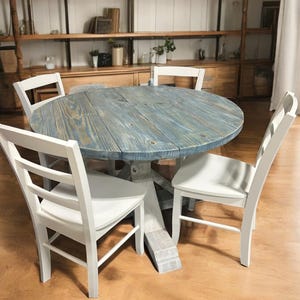 Round Farmhouse Table Set: Distressed White Pedestal Base, Worn Navy Top