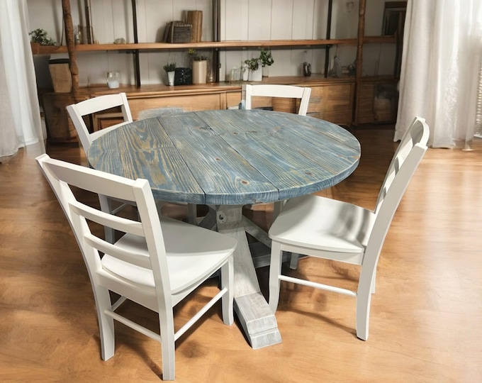 Round Farmhouse Table Set with Chairs - Pedestal Style Base - Worn Navy White Wash, Distressed White - Small Dining Area or Nook