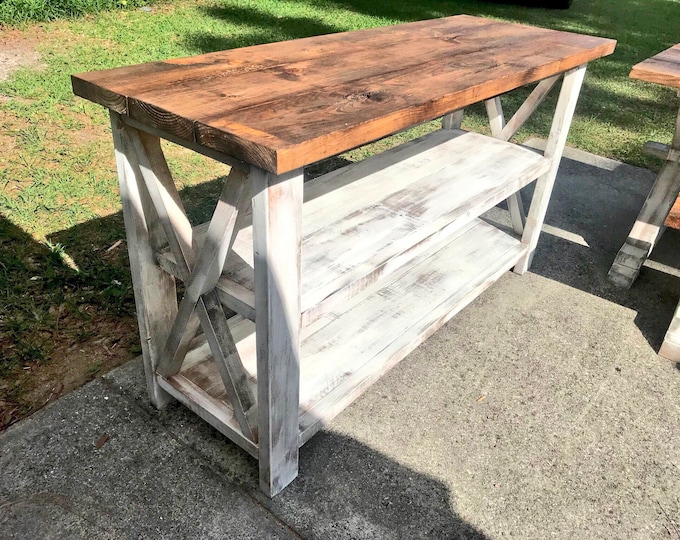 Rustic Wooden Buffet Table, Rustic Console Table, Farmhouse Buffet Table, Distressed White Base and Provincial Brown Top