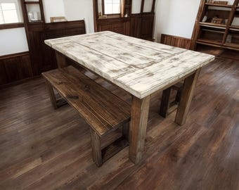 Small Table and Benches - Dining Room Table Set - Weathered White, Dark Walnut, 5ft Wooden Table