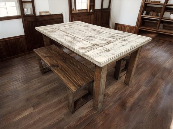 Buy Small Table and Benches Dining Room Table Set Weathered White Dark Walnut 5ft Wooden Table Online in India Etsy
