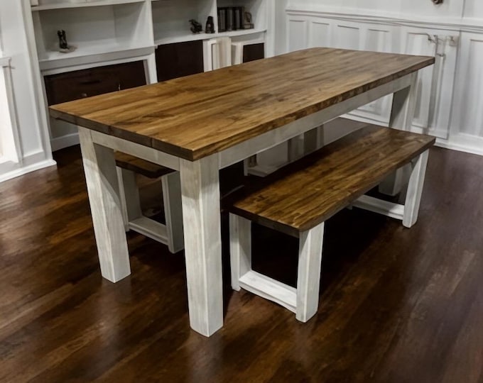 6ft Dining Table Set - With Benches - Rustic Farmhouse Feel - Provincial Brown and Distressed White - Narrow Kitchen or Dining Room Table