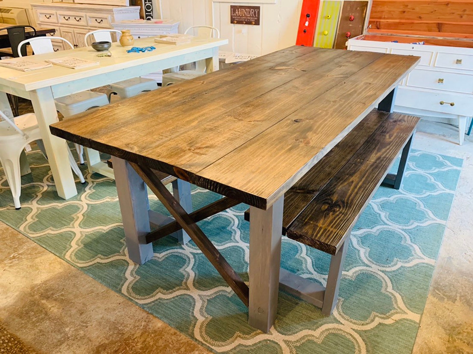 7ft Rustic Farmhouse Table With Benches Dark Walnut Top With Etsy