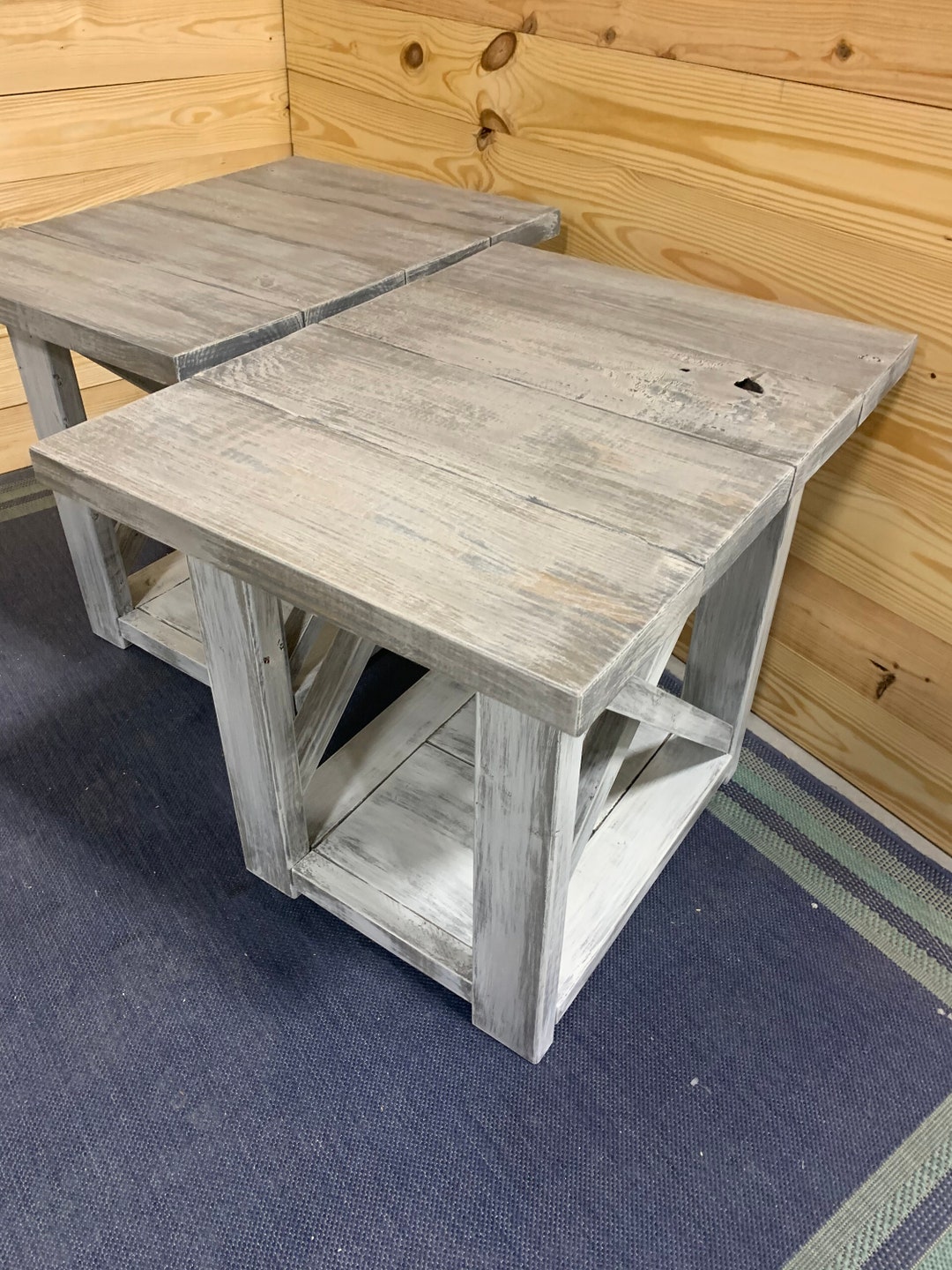 Long Rustic Farmhouse End Tables Gray White Wash Top With a Distressed