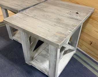 Long Rustic Farmhouse End Tables Gray White Wash Top with a Distressed Base, Side Tables with Shelve, End Table Set, X Accents Cross Brace
