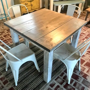 Square Farmhouse Table, Rustic Farmhouse Table, Dining Set with White Metal Chairs, Small Table Set, Gray Top White Distressed Base