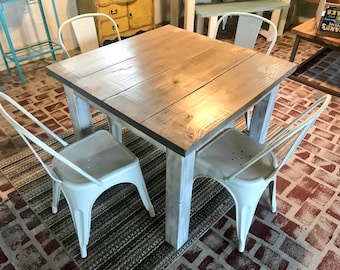 Square Farmhouse Table, Rustic Farmhouse Table, Dining Set with White Metal Chairs, Small Table Set, Gray Top White Distressed Base