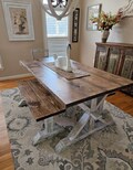 Rustic Pedestal Farmhouse Table With Benches Provincial Brown with White Distressed Base Dining Set In Stock