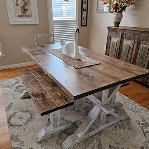 Rustic Farmhouse Pedestal Table with Benches: Provincial Brown, Distressed White Base