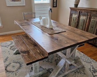 Rustic Pedestal Farmhouse Table With Benches Provincial Brown with White Distressed Base Dining Set In Stock